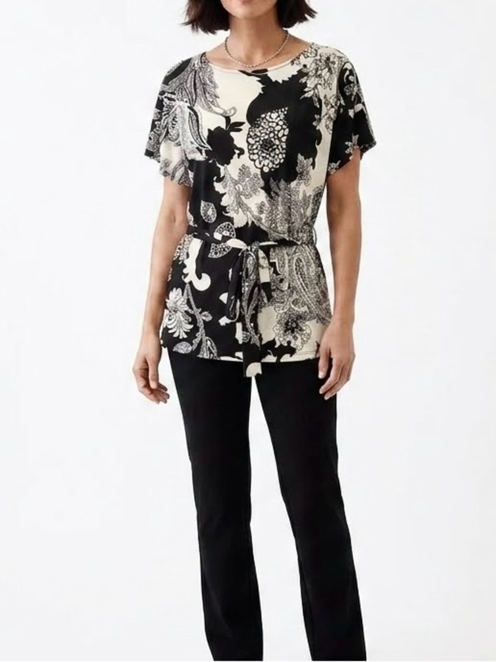Talbots Womens Mixed Paisley Floral Print Belted Top Career Casual Black Cream M